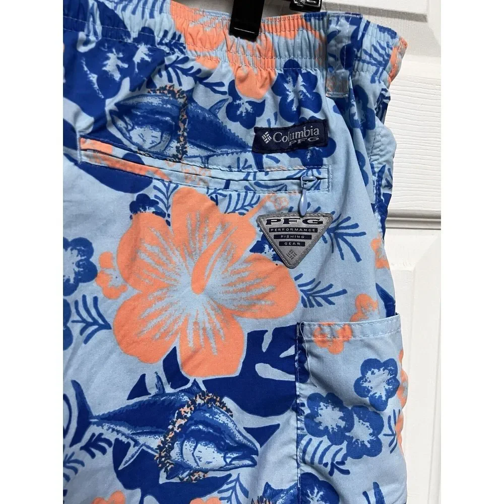 Columbia PFG Mens Large Blue Orange Floral Marlin Swim Trunks‎ Fishing Shorts